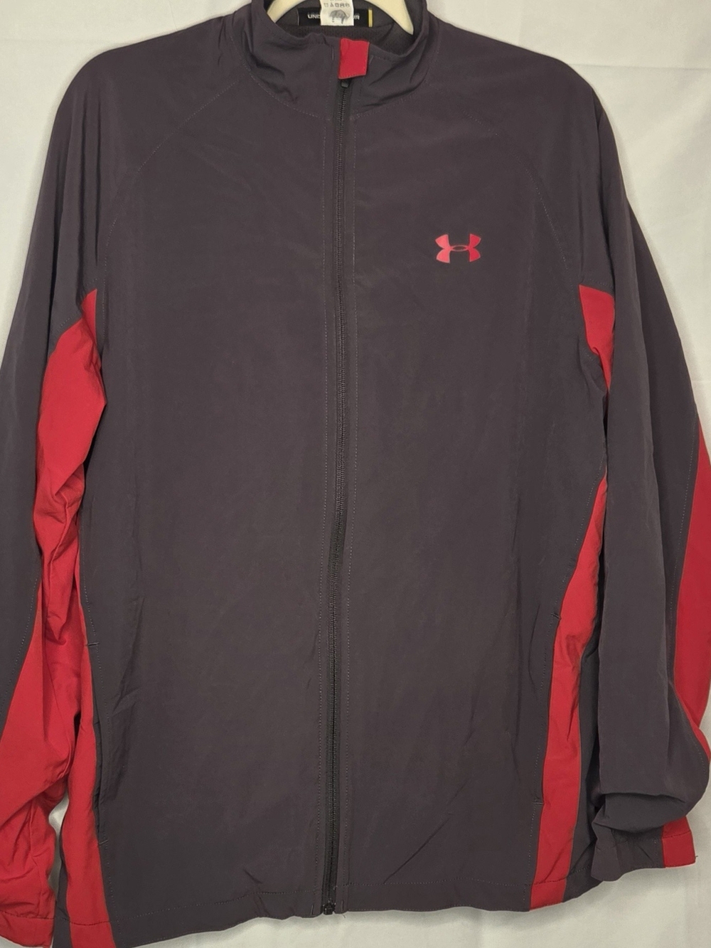 Under Armour Men's Gray Red Spellout Track Jacket Size L Loose Fit Full Zip